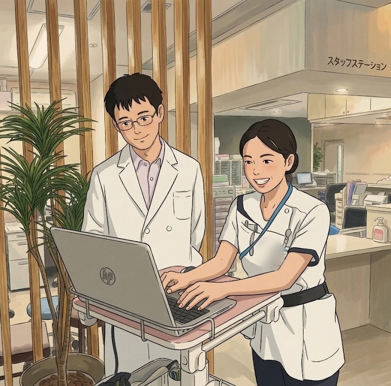 スタッフステーションで電子カルテを見ながら医師と相談する看護師のイラスト