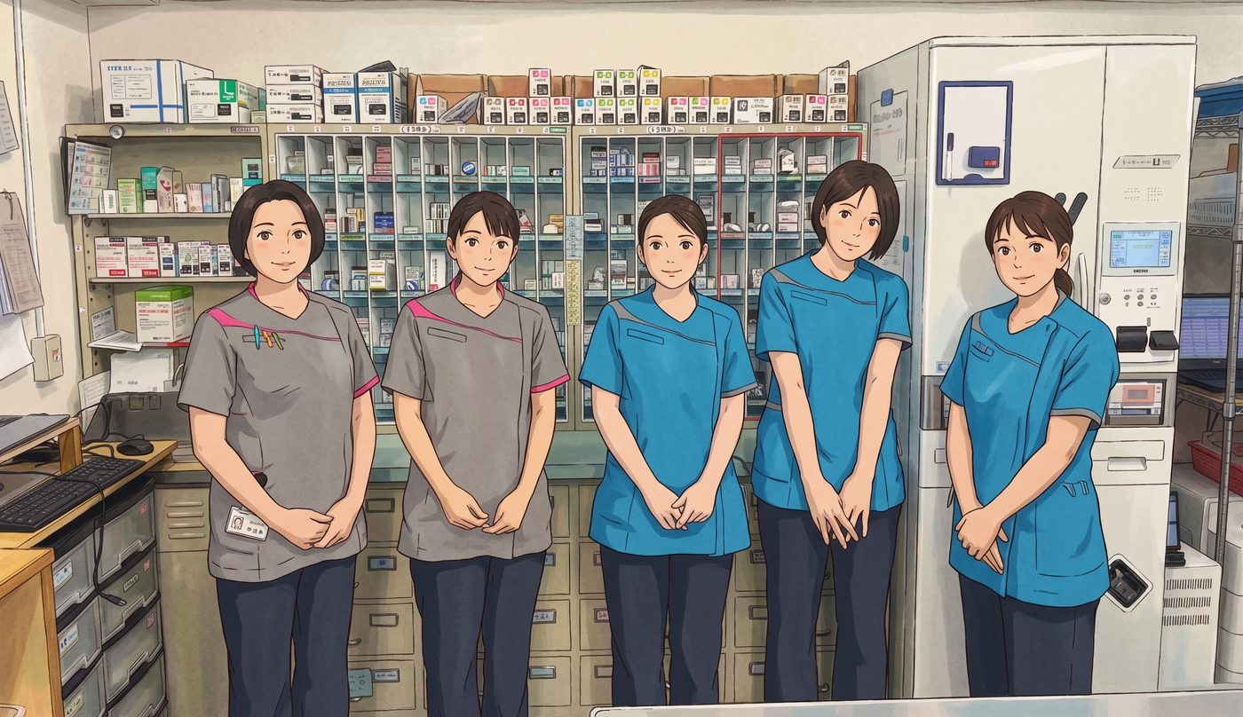 明石仁十病院 薬剤部のスタッフ（写真をイラストに加工しています）