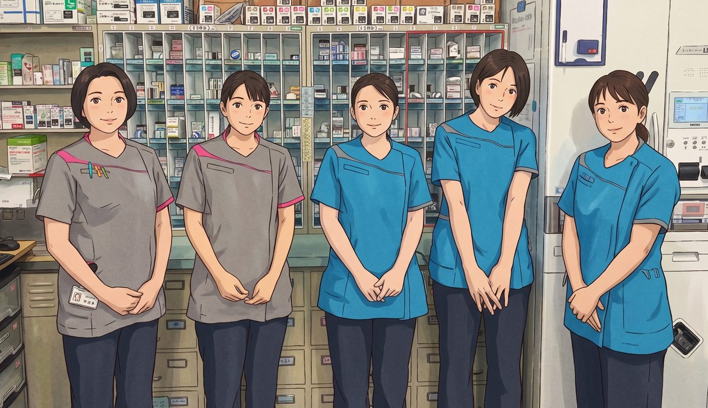 明石仁十病院の薬剤部のスタッフ（写真をイラストに加工しています）